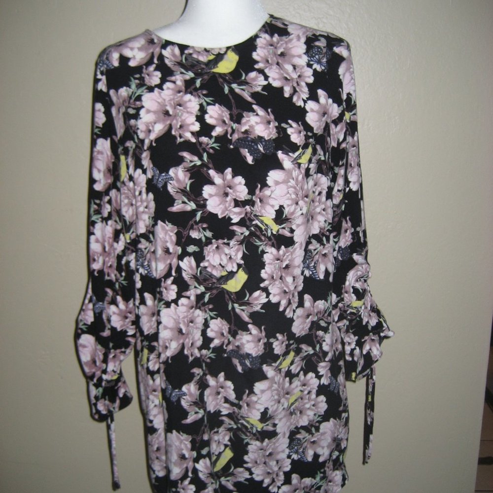 H&M Black Floral Bird Butterfly Print Dress Size 10 Long Ruched Sleeve Mini